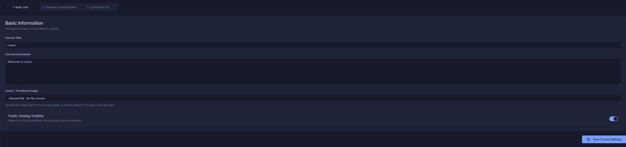 Llumo Academy basic course info setup
