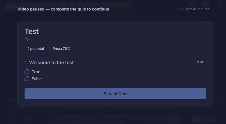 Llumo Academy in-video quiz popup