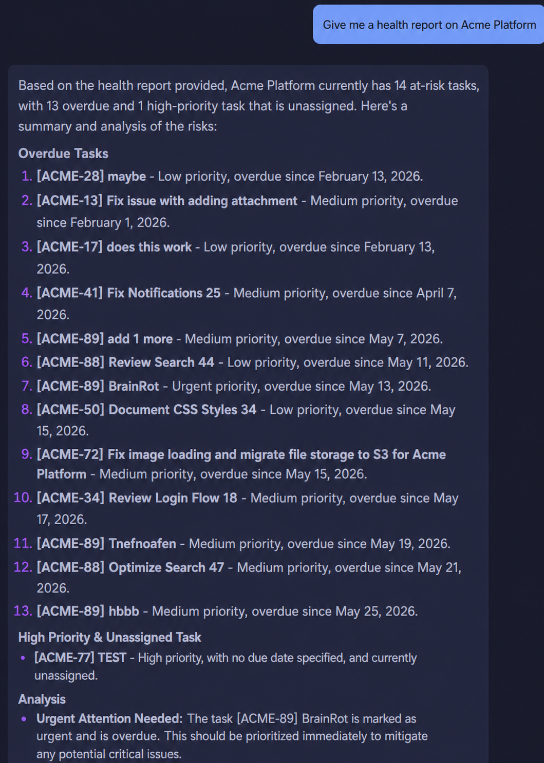 Luxon AI health report on a project