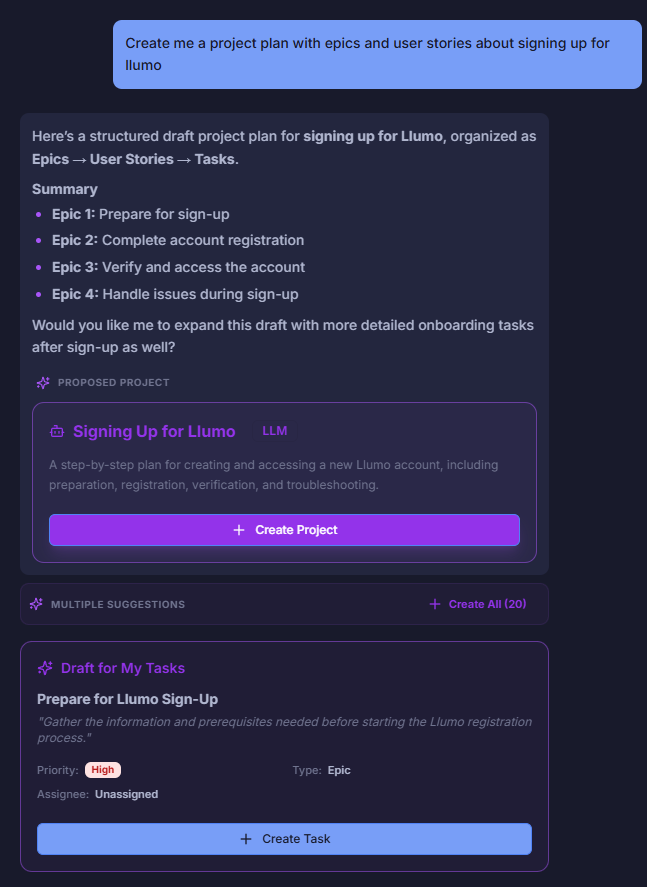 Luxon AI generating a project plan with epics and tasks
