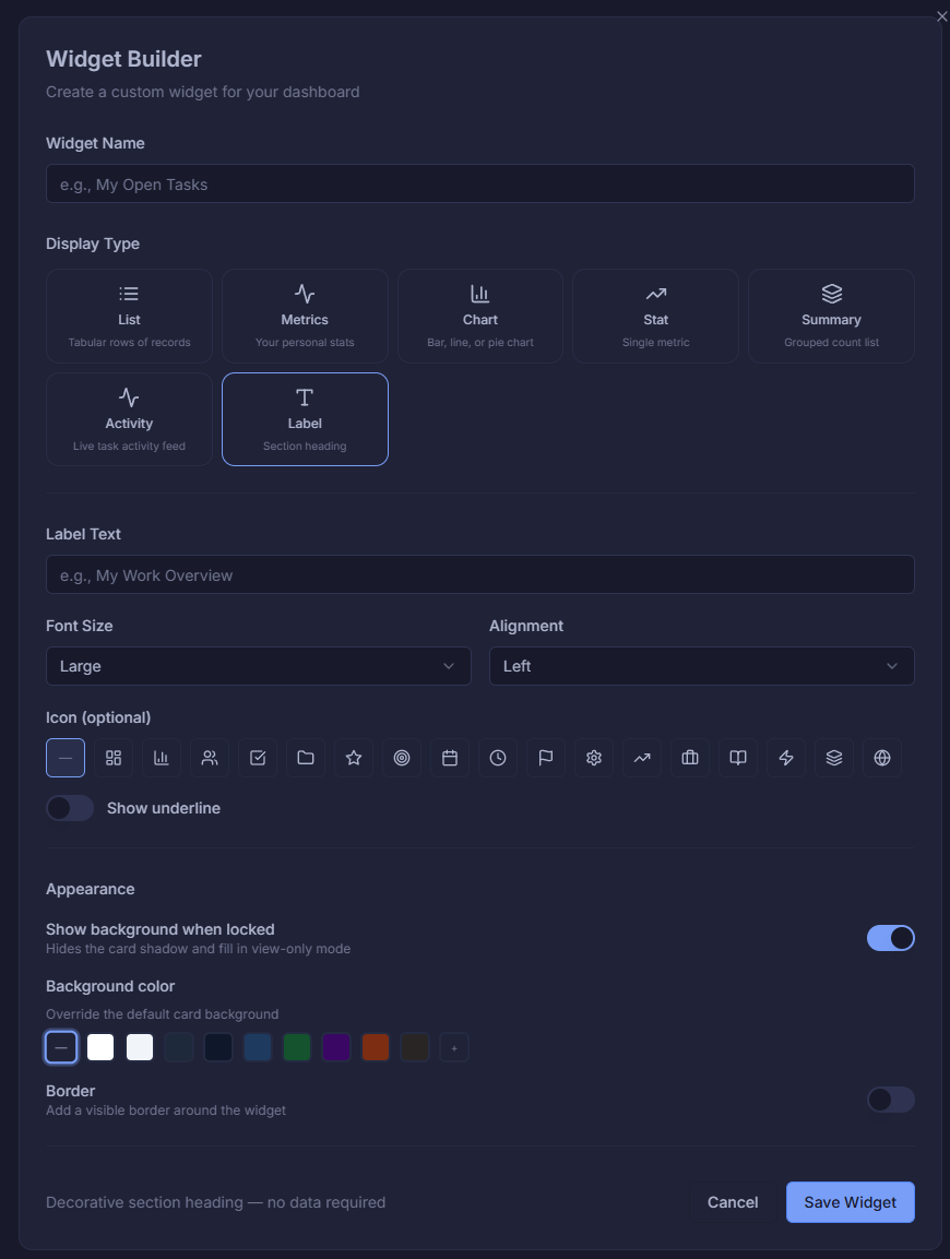 Widget builder modal