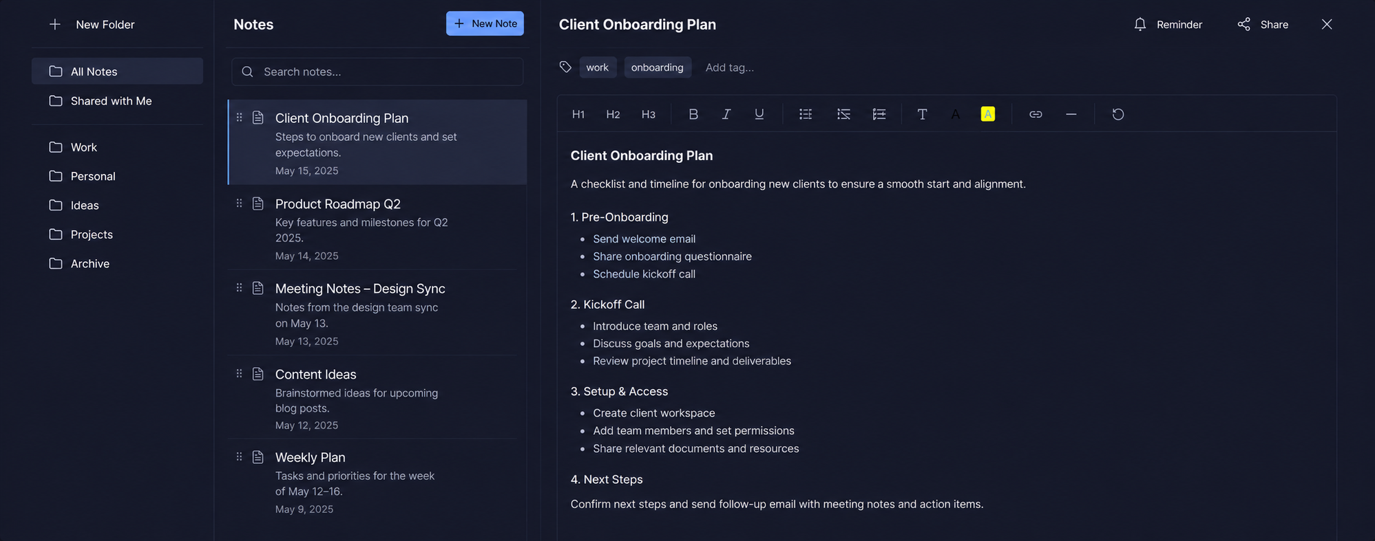 Notes main view with editor