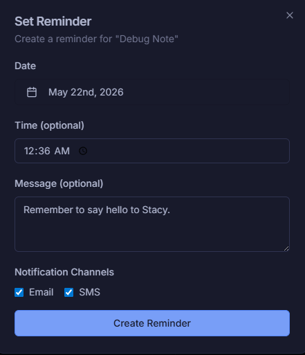 Set reminder modal for a note