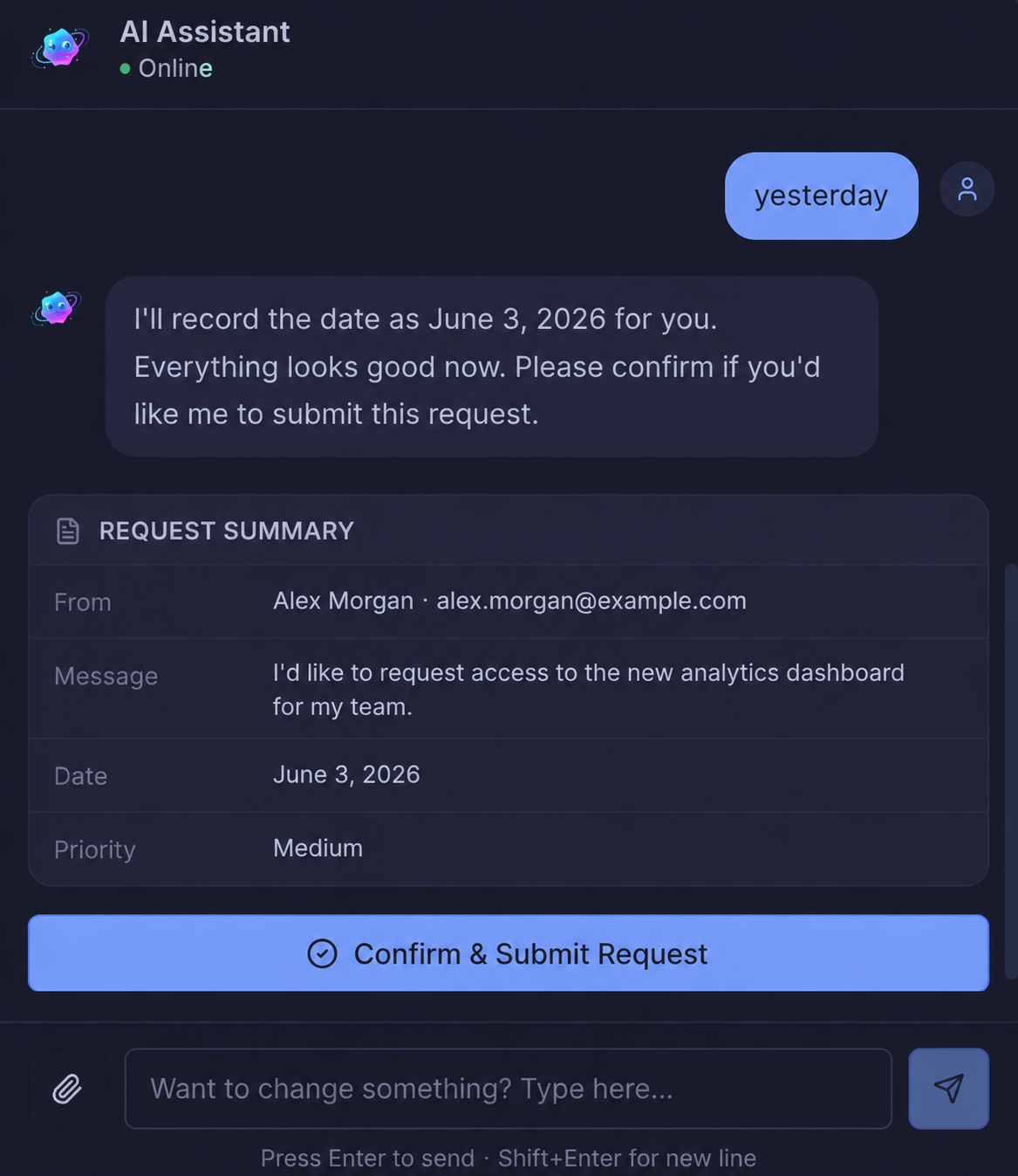 AI Support chat guiding user through request form submission