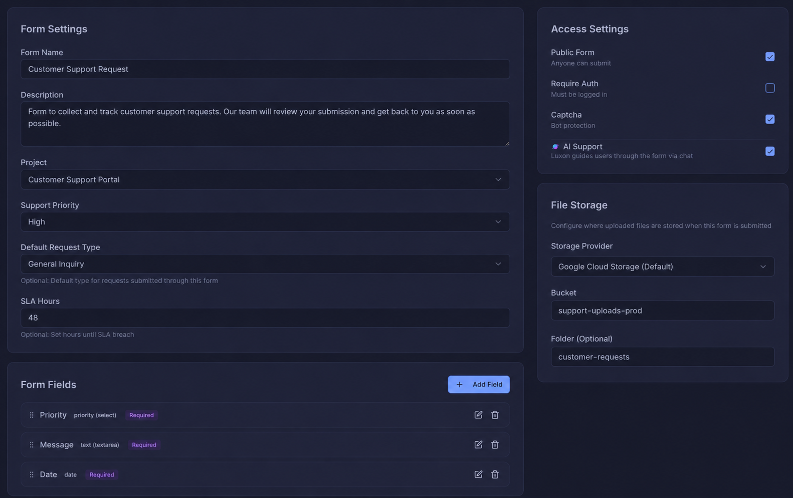 Form settings panel