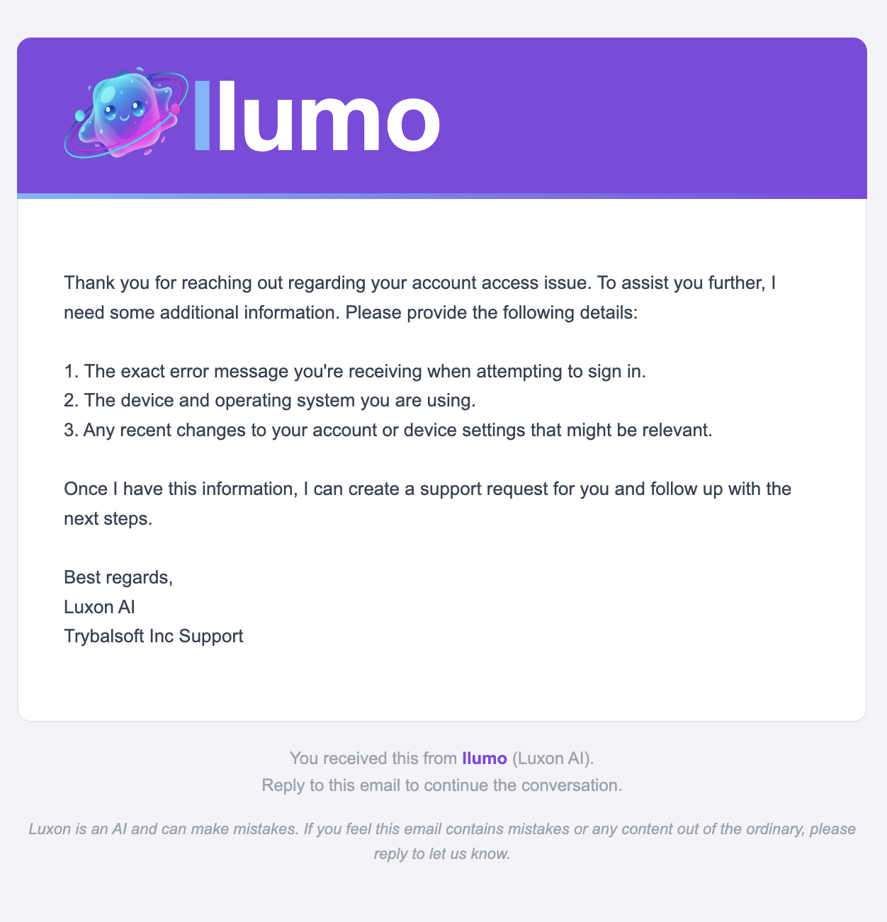 Luxon AI drafting an email reply to a support request