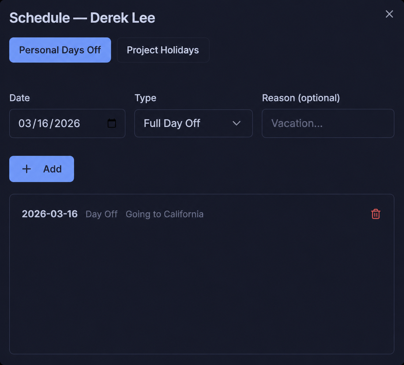 Llumo Scheduler personal days off panel for Jordan Hardge